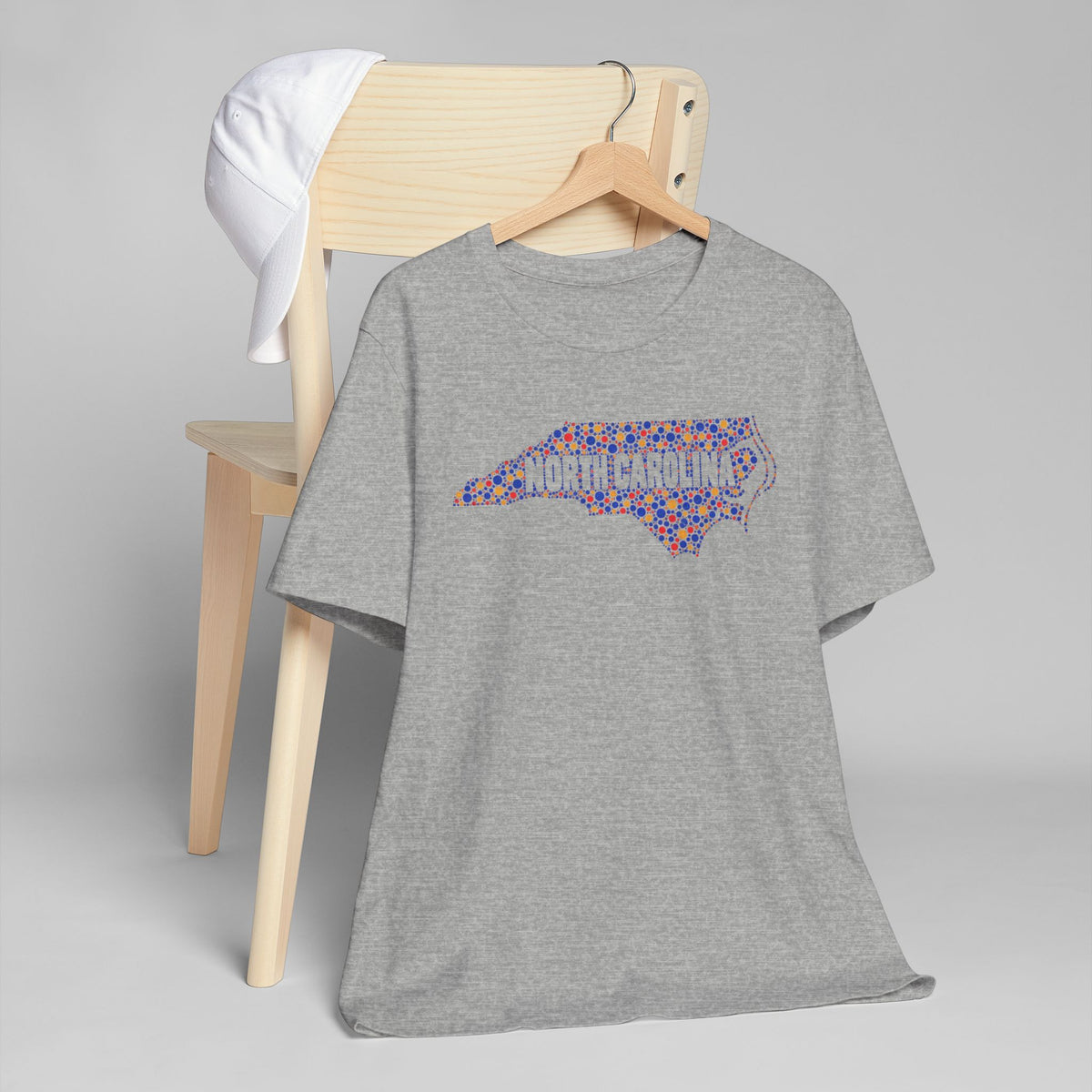 Heather gray T-shirt with colorful North Carolina outline graphic