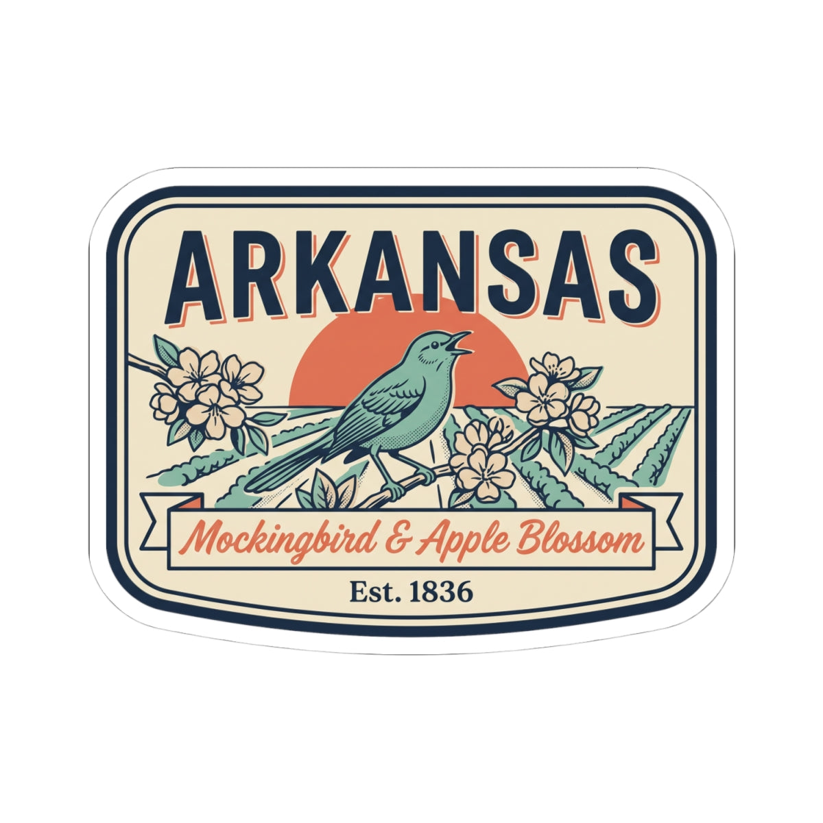Arkansas vintage state badge decal sticker featuring a blue mockingbird and apple blossoms