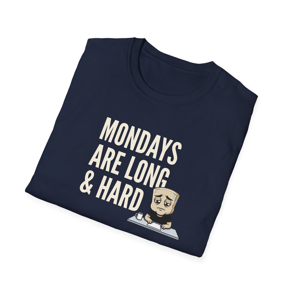Navy T-shirt with “Mondays are long & hard” coffee mug graphic
