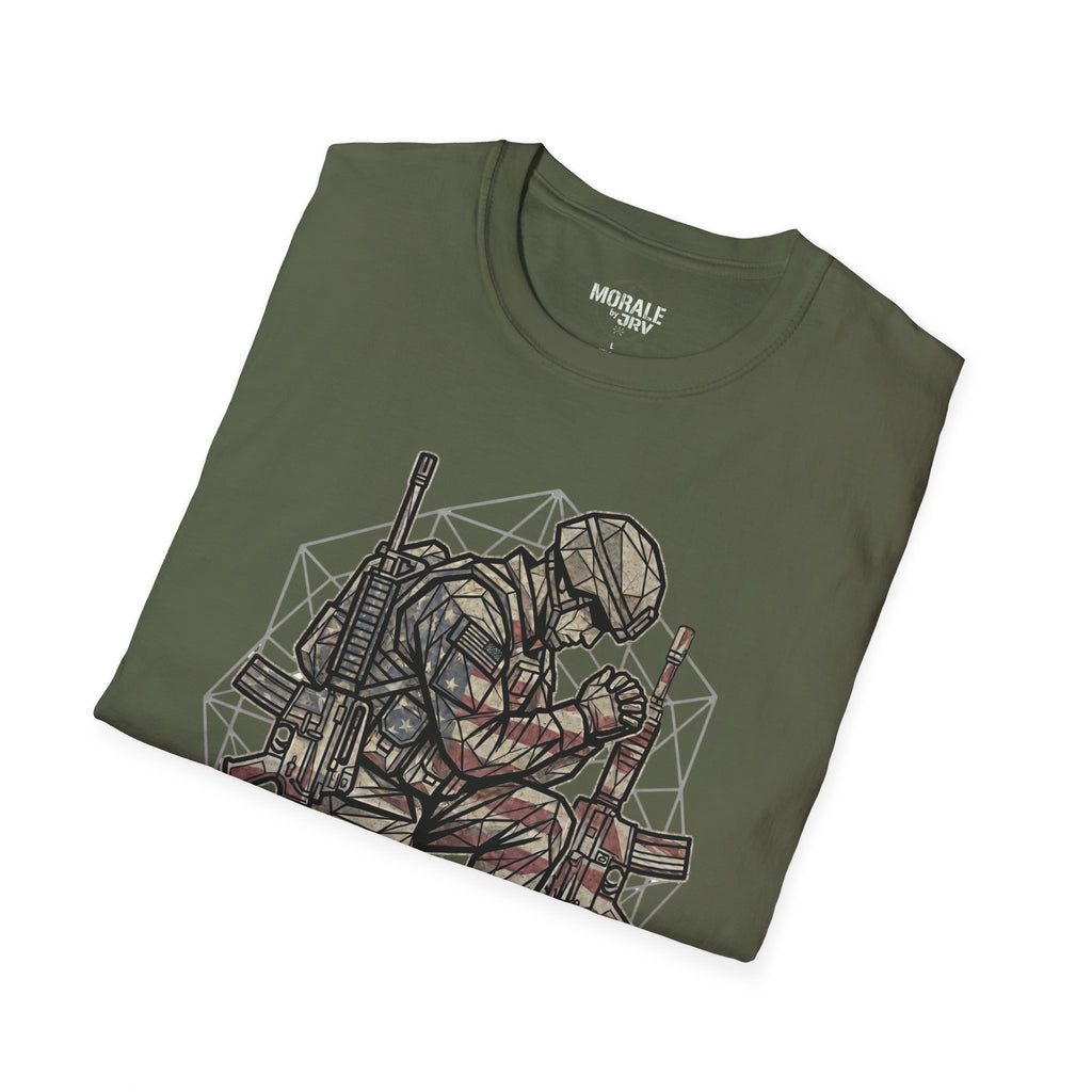 Praying soldier graphic close-up on military green T-shirt, geometric style
