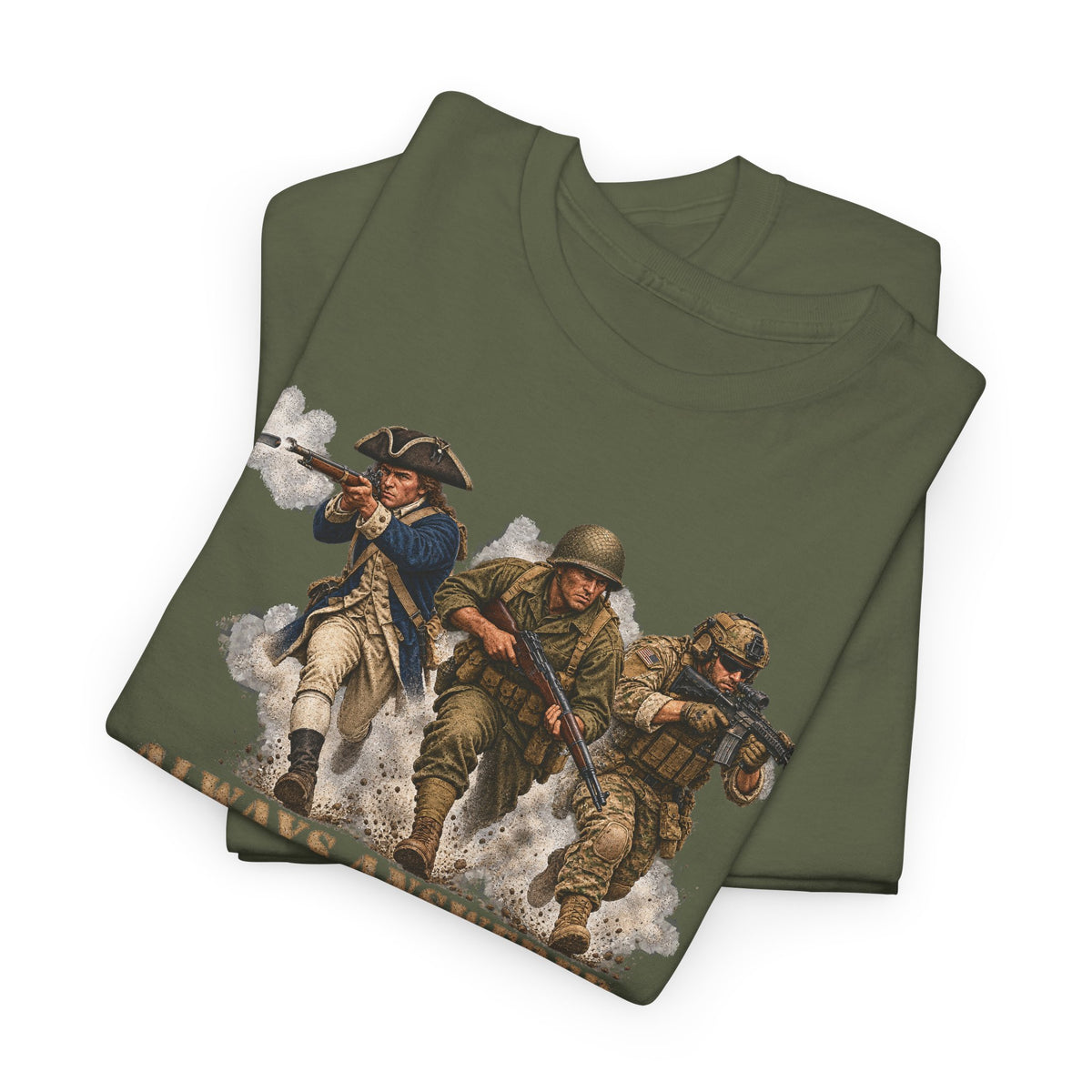 Military green crew-neck t-shirt with patriotic soldiers graphic on front
