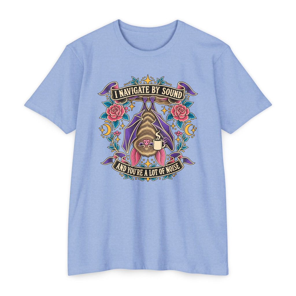 Light blue crew-neck T-shirt with colorful bat and floral graphic at center chest