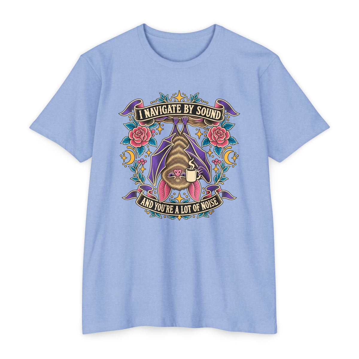 Light blue crew-neck T-shirt with colorful bat and floral graphic at center chest