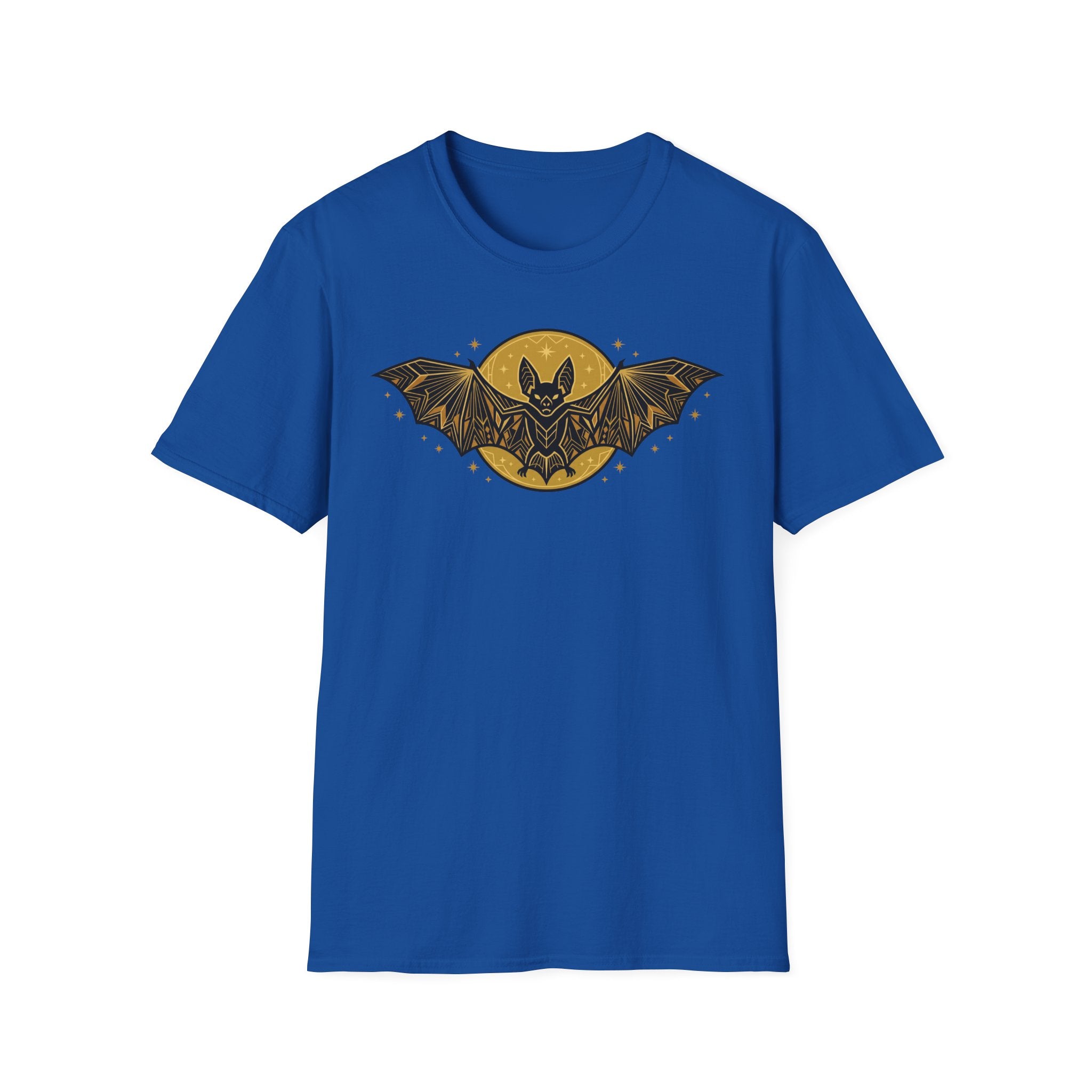 Royal blue T-shirt with gold bat and moon graphic on the front