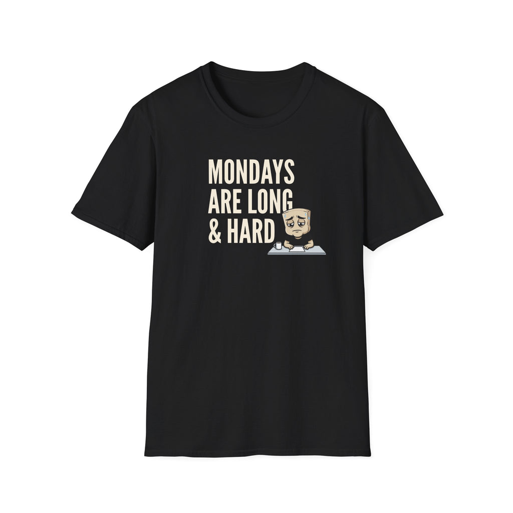 Black T-shirt with “MONDAYS ARE LONG & HARD” graphic and cartoon coffee mug