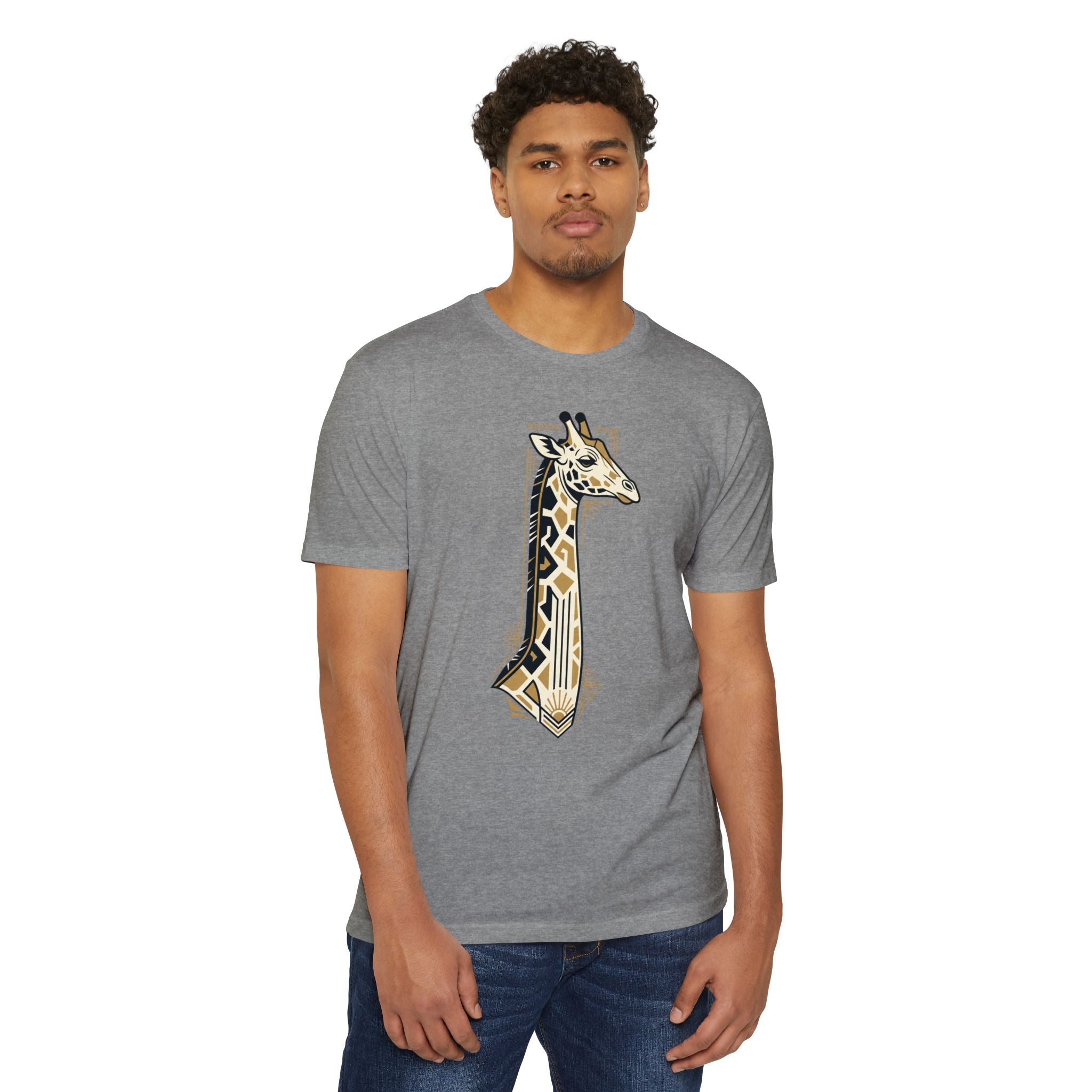 Grey crewneck t-shirt with vertical giraffe graphic on front.