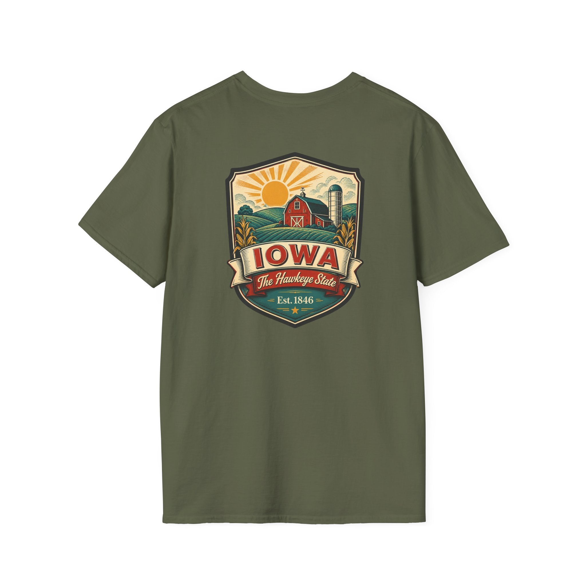 Olive green Iowa travel badge T-shirt with front graphic logo print