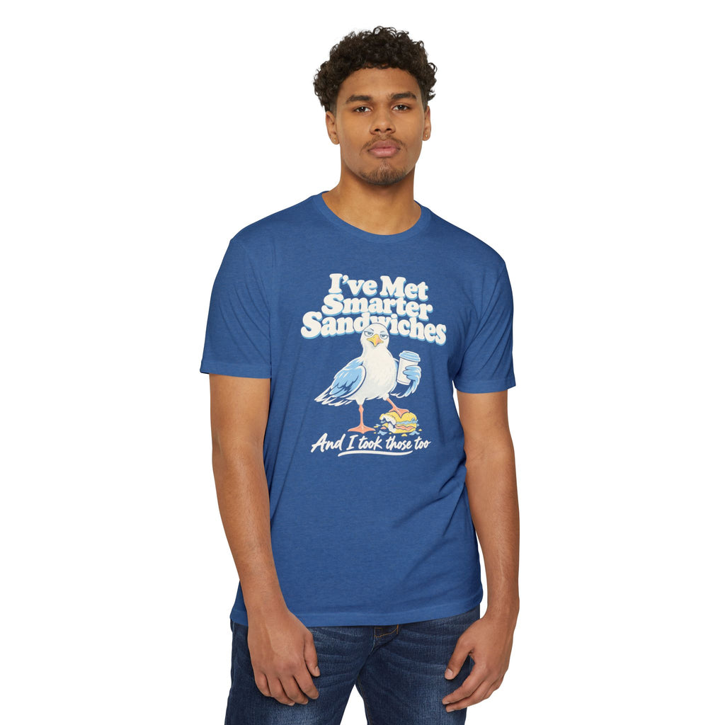 Light blue graphic T-shirt with seagull and text 'I've Met Smarter Sandwiches' front