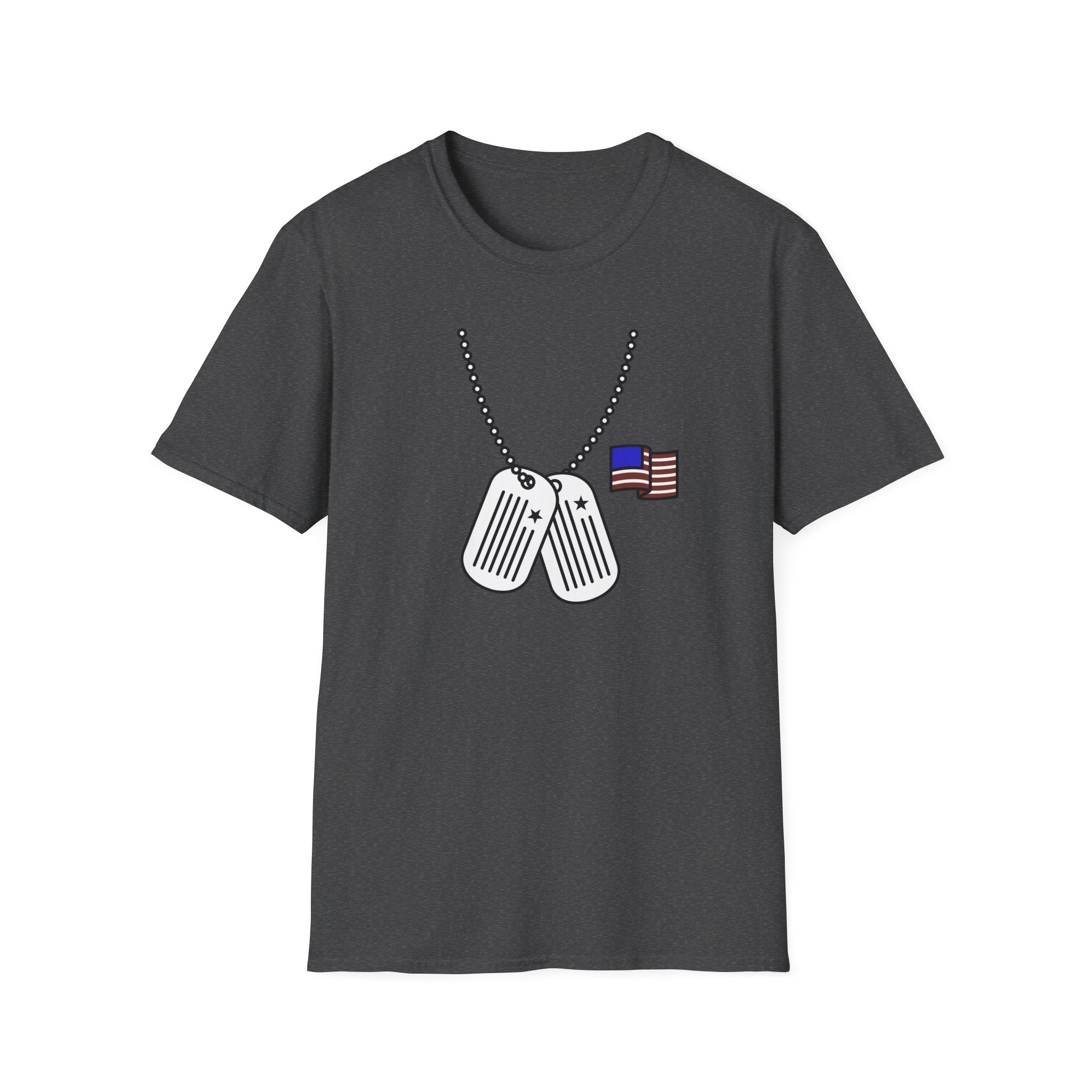 Dark heather T-shirt with dog tag chest graphic and American flag