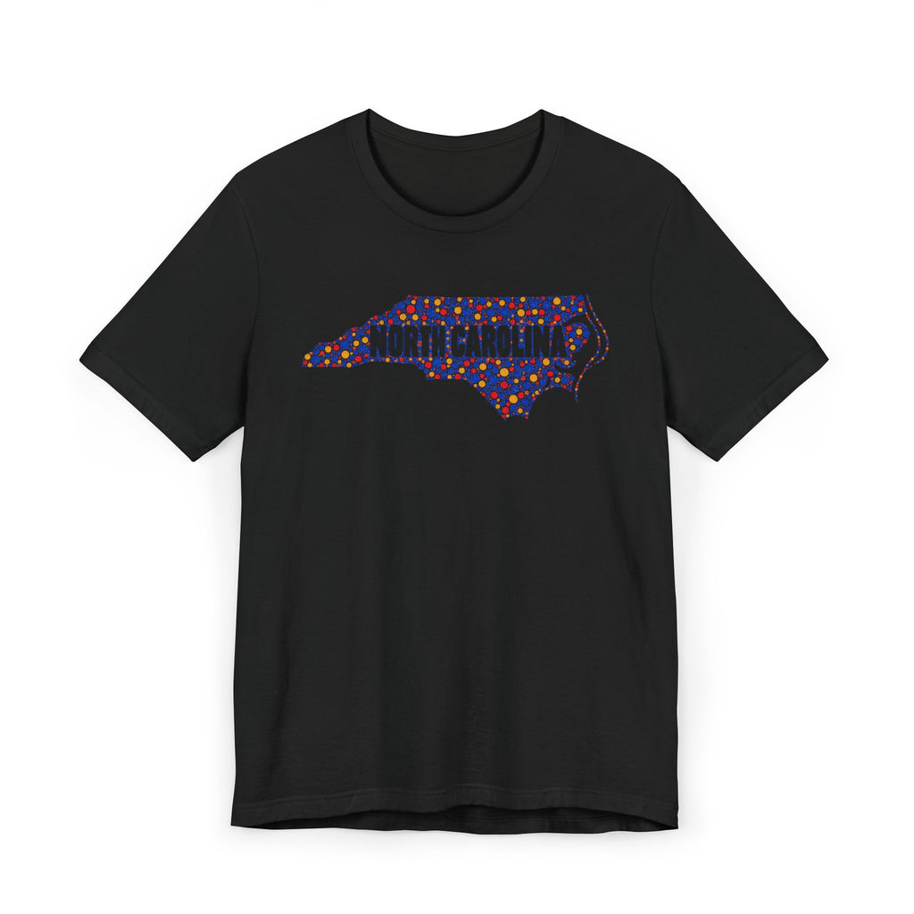 Black T-shirt with colorful North Carolina floral map outline graphic on chest