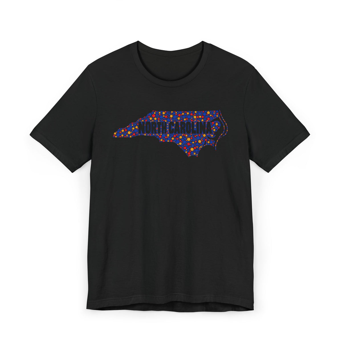 Black T-shirt with colorful North Carolina floral map outline graphic on chest