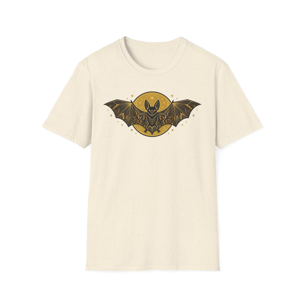 Off-white crew-neck T-shirt with gold bat-and-moon graphic
