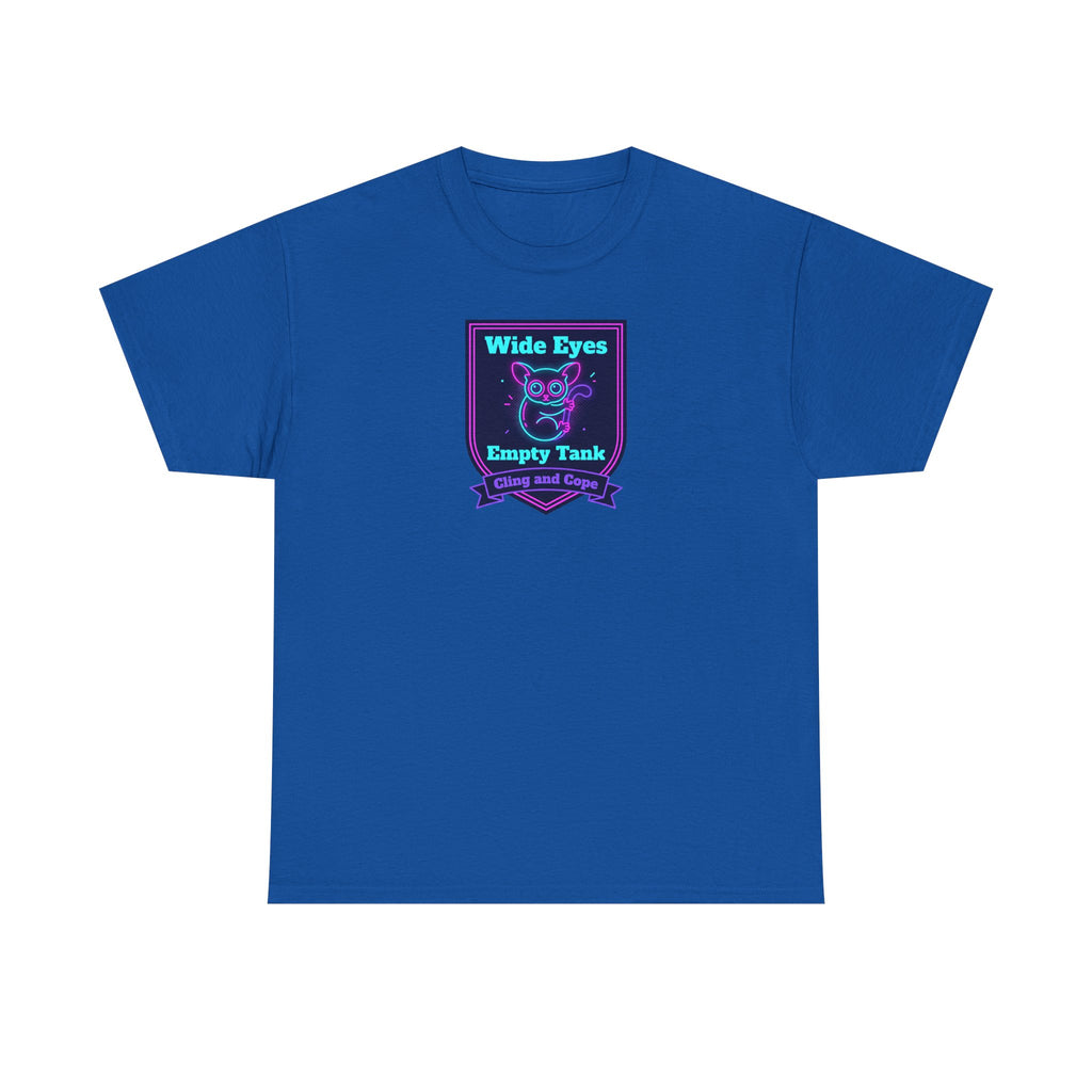 Royal blue crewneck T-shirt with neon purple and teal owl badge logo on chest