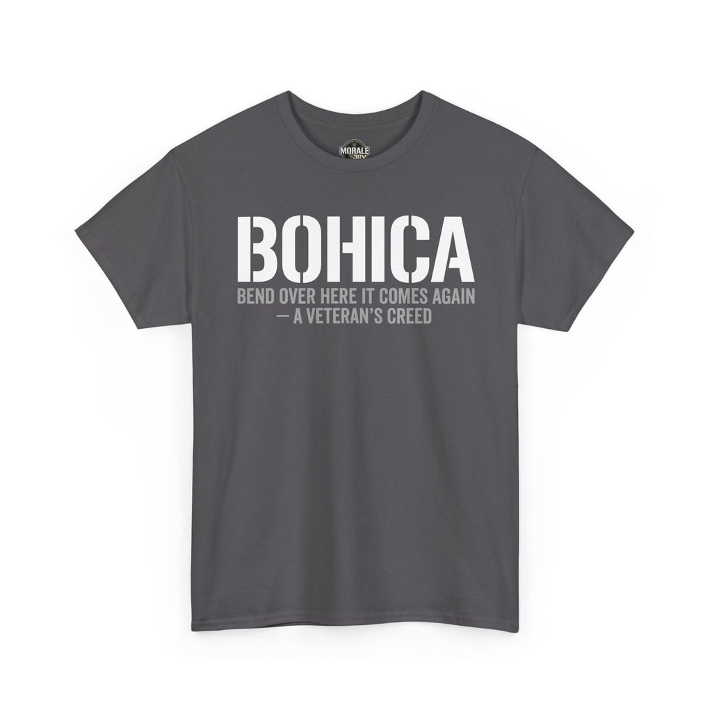 Charcoal BOHICA crew-neck T-shirt with large front slogan graphic print