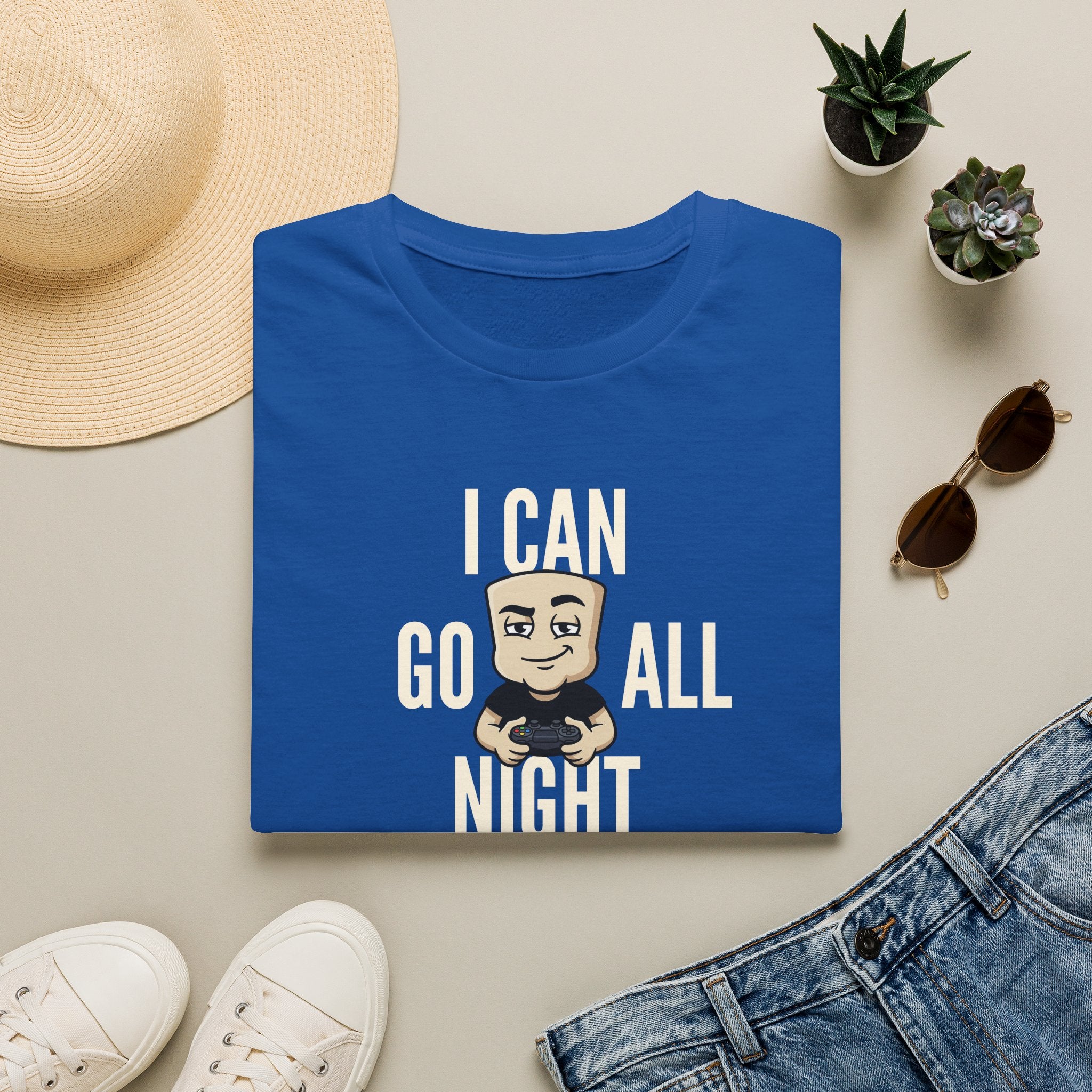 Royal blue T-shirt with “I CAN GO ALL NIGHT” gaming graphic on front