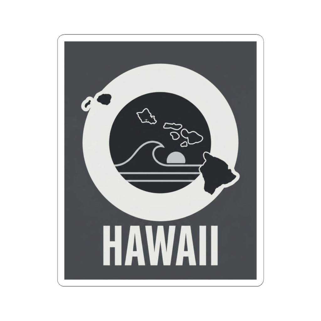 Square kiss-cut sticker with dark background, white wave circle, island details, and HAWAII