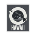 Square kiss-cut sticker with dark background, white wave circle, island details, and HAWAII