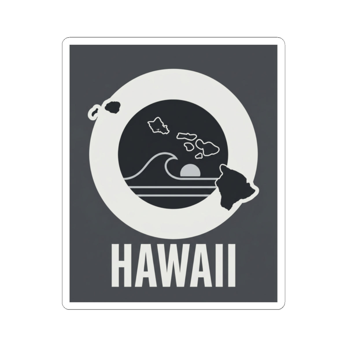 Square kiss-cut sticker with dark background, white wave circle, island details, and HAWAII