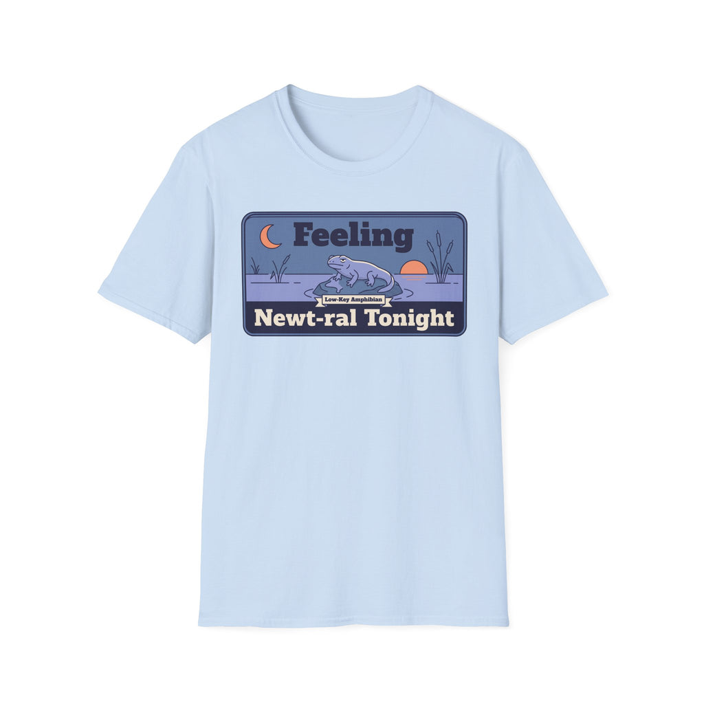 Light blue crewneck short-sleeve T-shirt with boxed “Feeling Newt-ral Tonight” newt graphic.