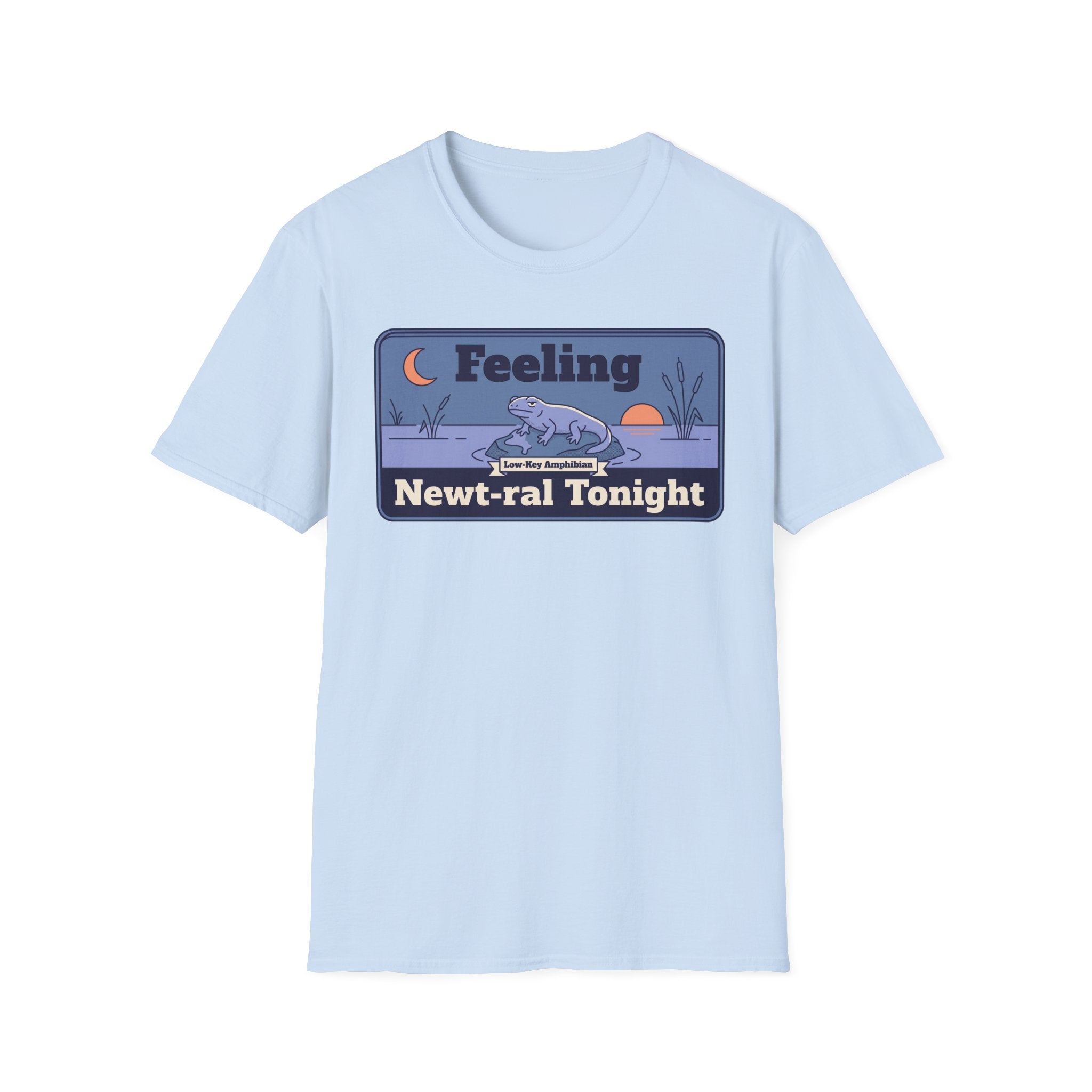 Light blue crewneck short-sleeve T-shirt with boxed “Feeling Newt-ral Tonight” newt graphic.