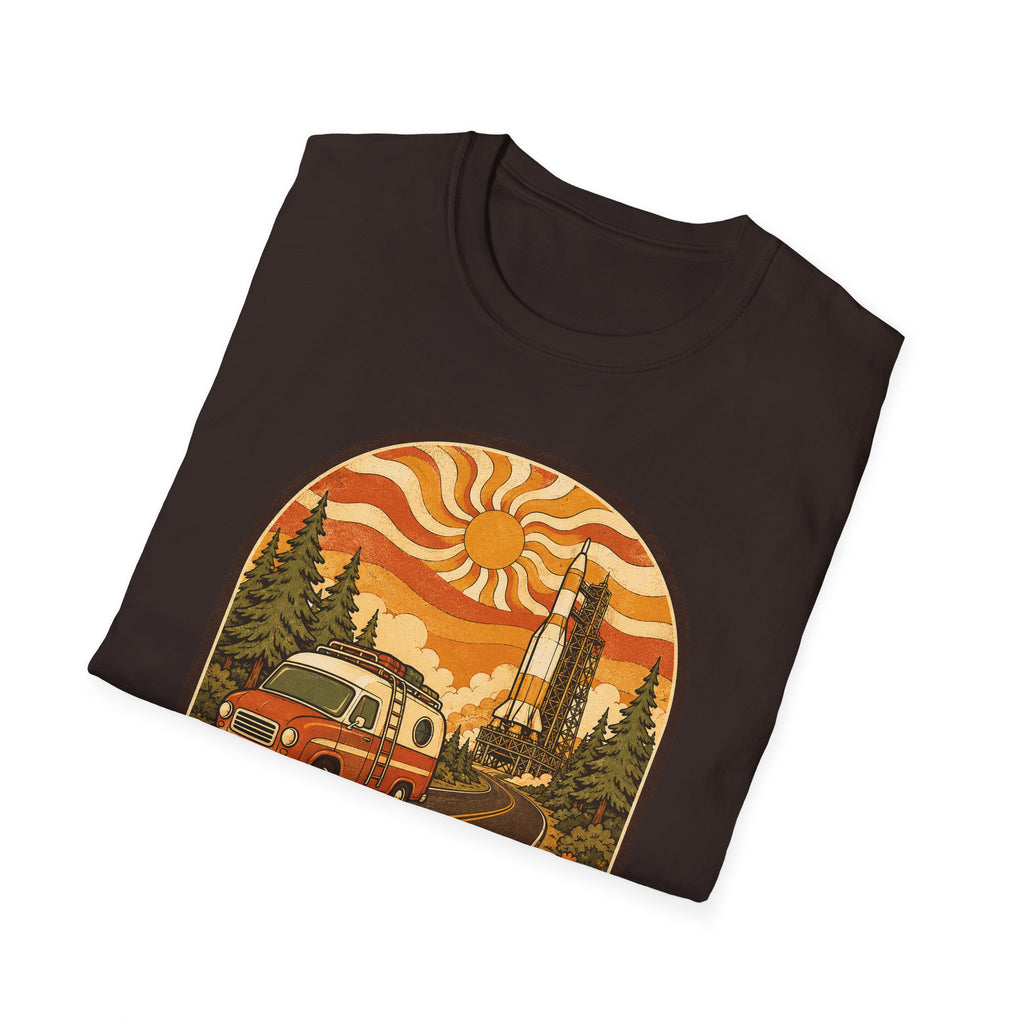 Unisex graphic T-shirt, dark brown with vintage camper and sunset rocket scene in circle