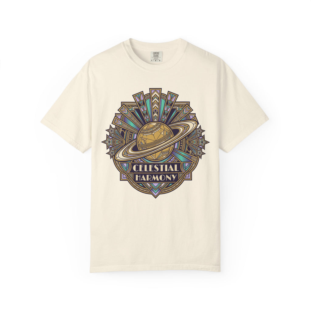 Ivory crewneck T-shirt with Saturn-like celestial graphic on the chest