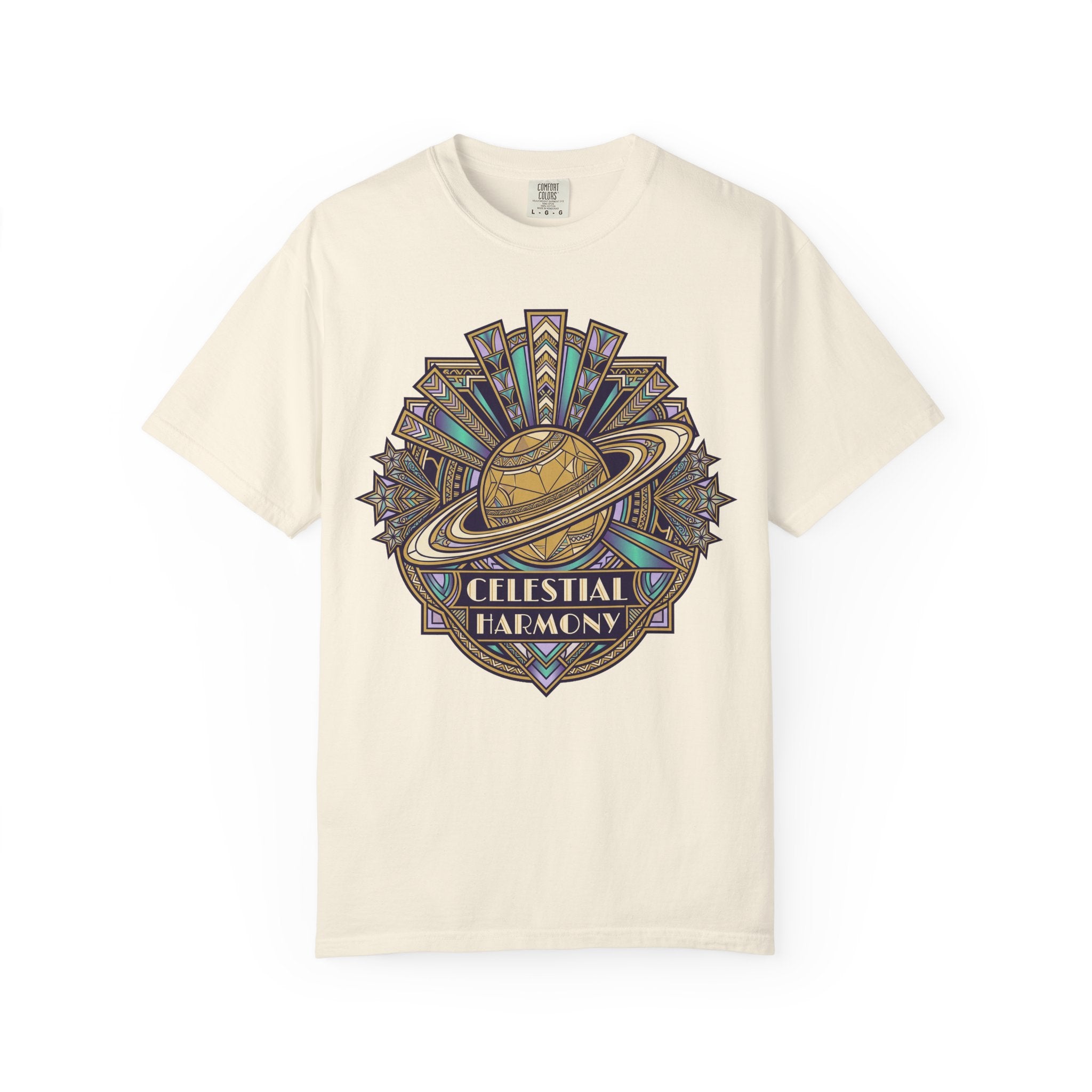 Ivory crewneck T-shirt with Saturn-like celestial graphic on the chest