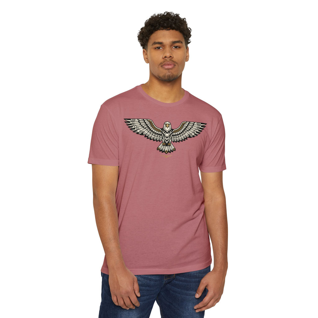 Rose pink T-shirt with gold and gray soaring owl graphic across the chest