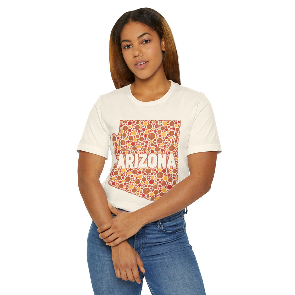 Cream crew-neck T-shirt with orange Arizona graphic pattern, worn by model