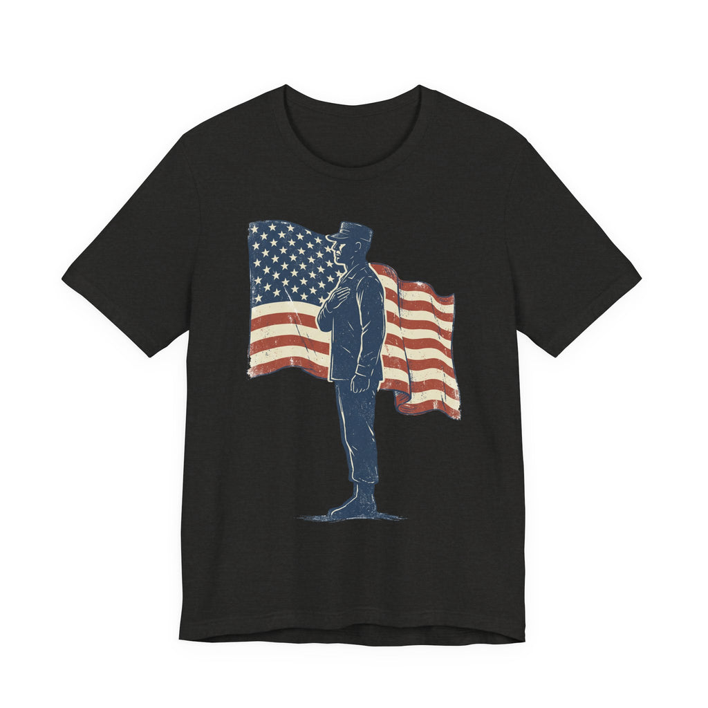 Black crew-neck T-shirt with saluting soldier graphic and American flag print