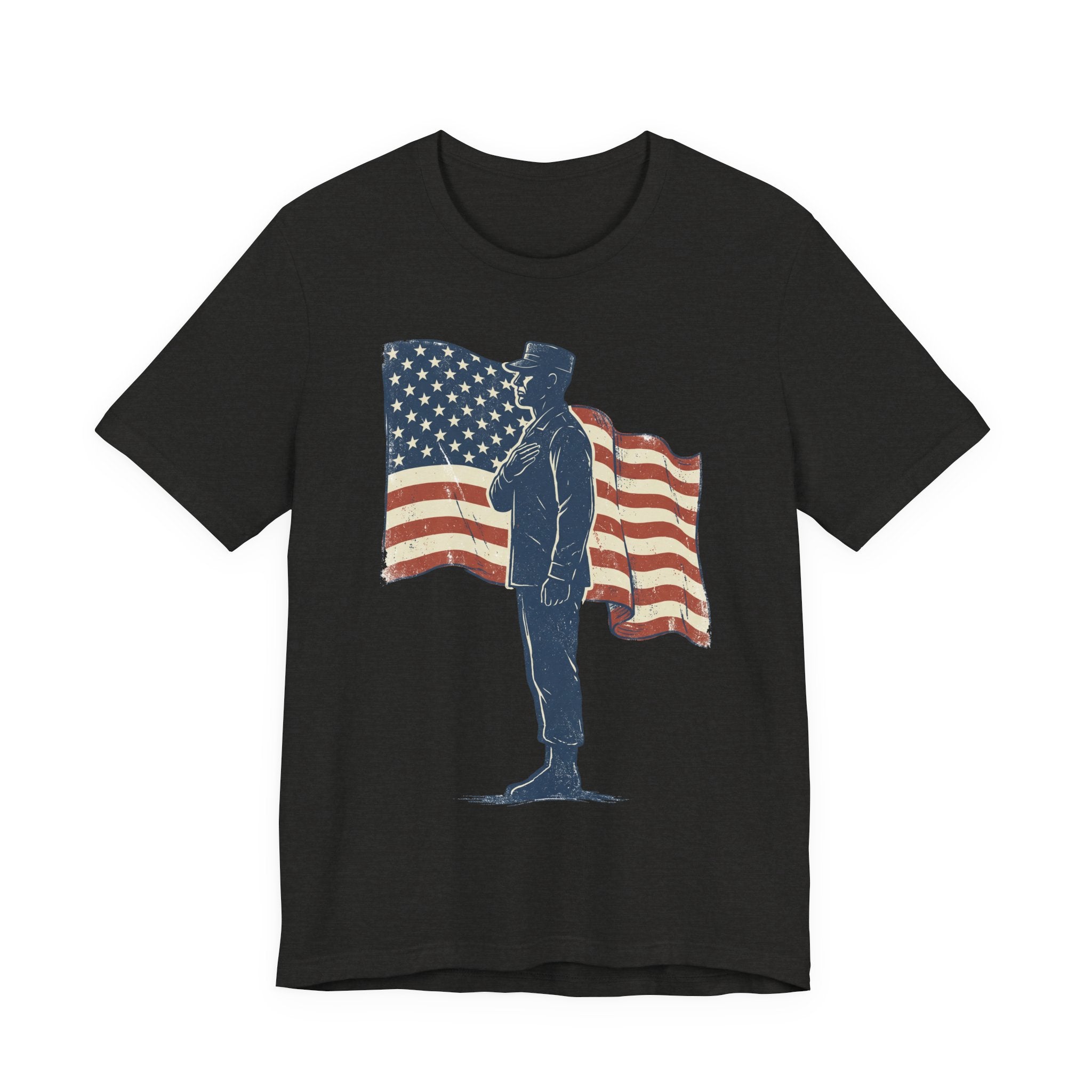 Black crew-neck T-shirt with saluting soldier graphic and American flag print