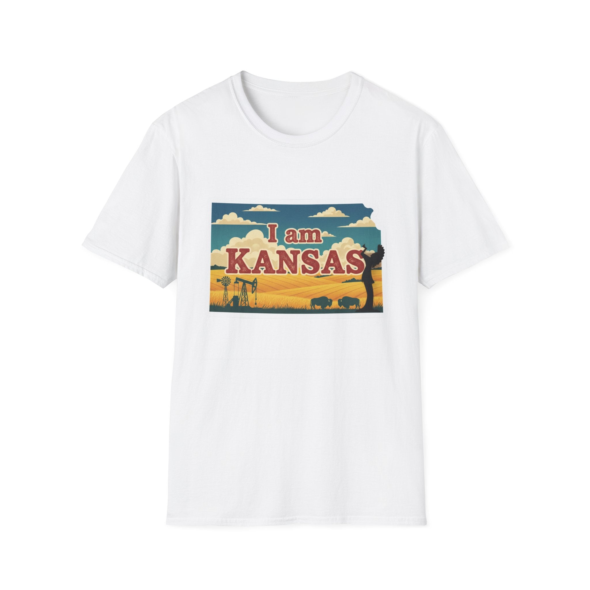 Kansas T-shirt in white with 'I am KANSAS' graphic and prairie scene