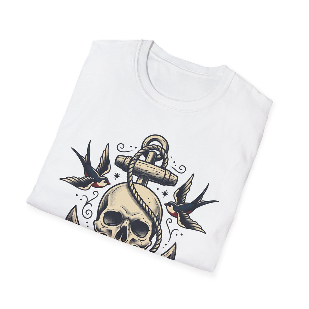 White sailor skull anchor T-shirt with rope anchor skull and birds tattoo graphic