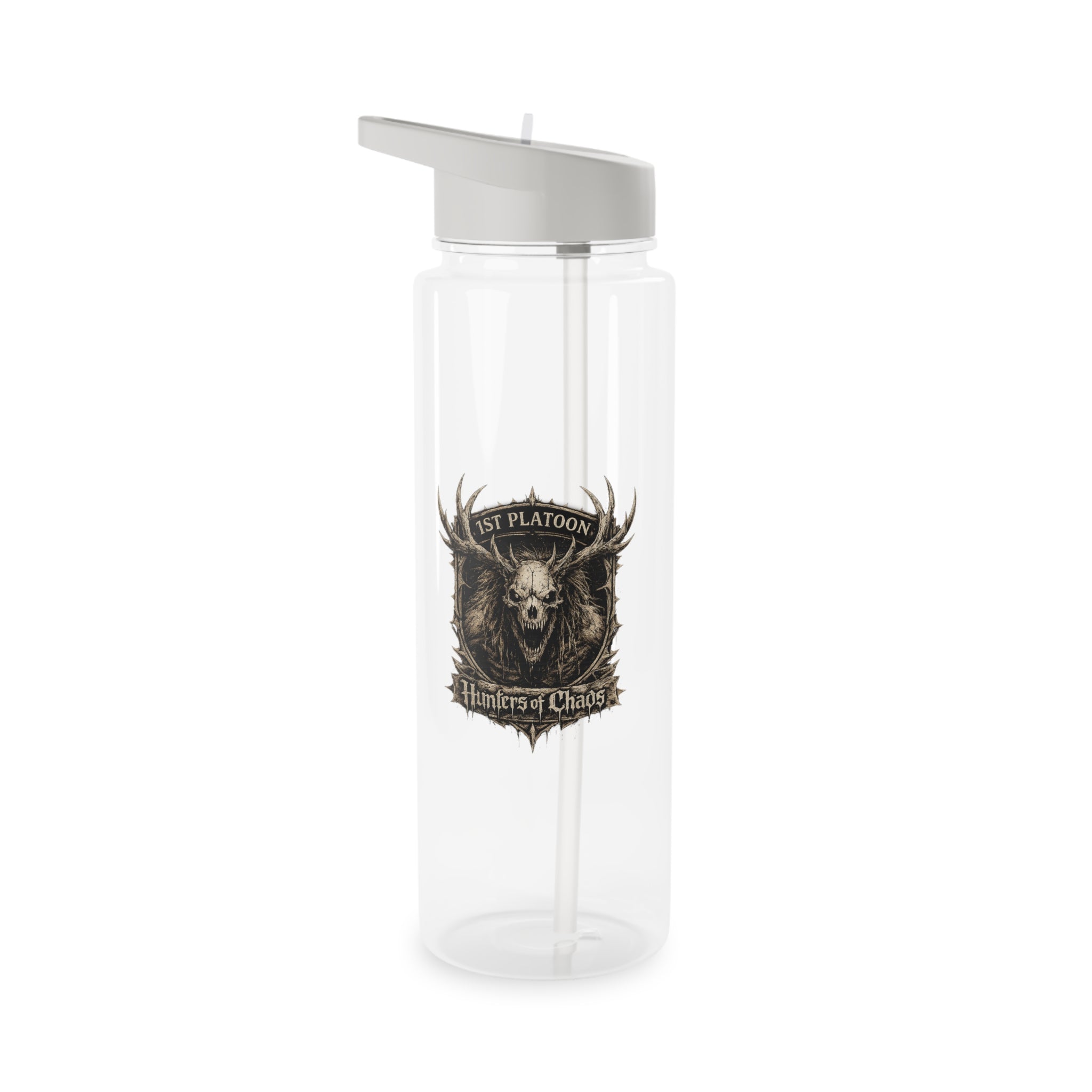 Transparent plastic water bottle with silver flip-top cap and centered front logo