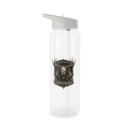 Transparent plastic water bottle with silver flip-top cap and centered front logo