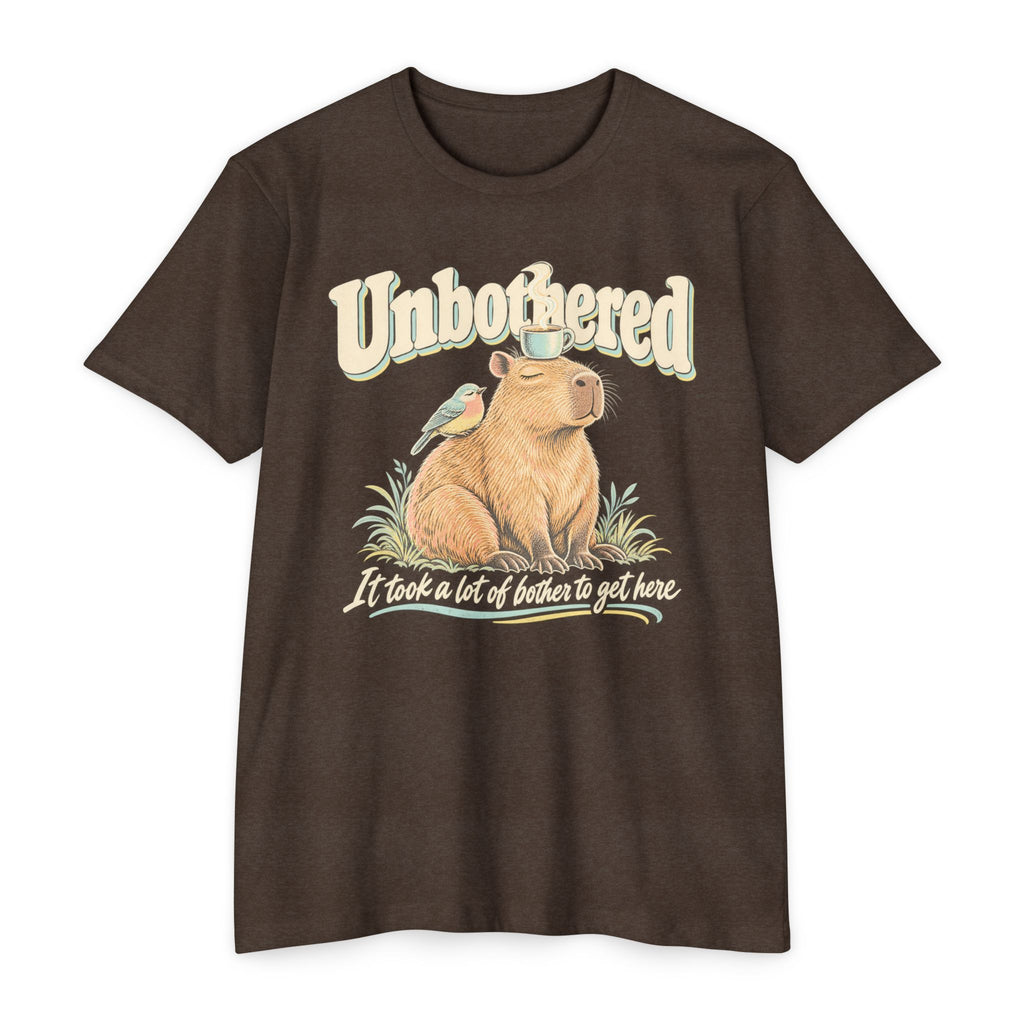 Brown T-shirt with unbothered capybara holding a coffee cup graphic