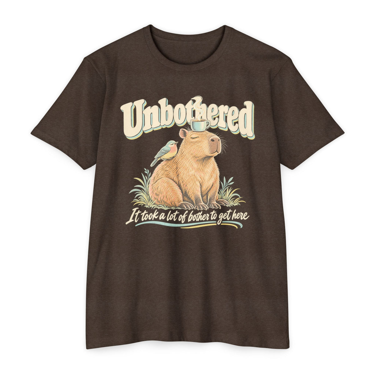 Brown T-shirt with unbothered capybara holding a coffee cup graphic