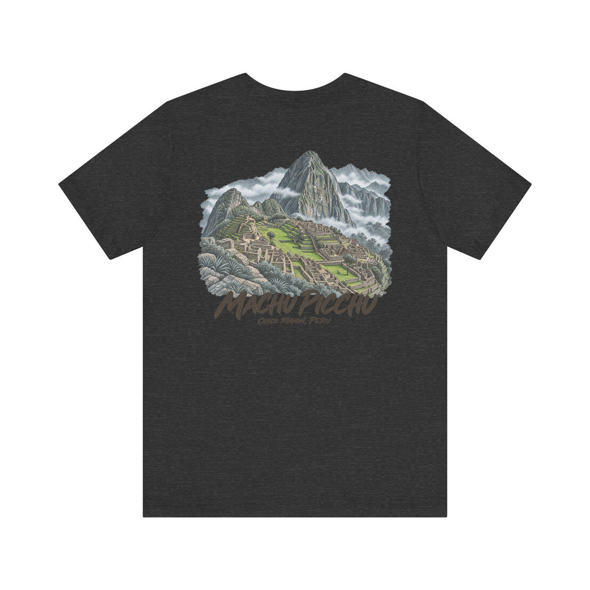 Dark gray Machu Picchu graphic T-shirt with mountain and terraces illustration on front