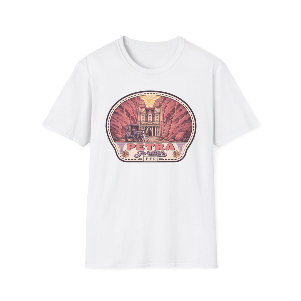 White graphic t-shirt with circular Petra tomb illustration on the front