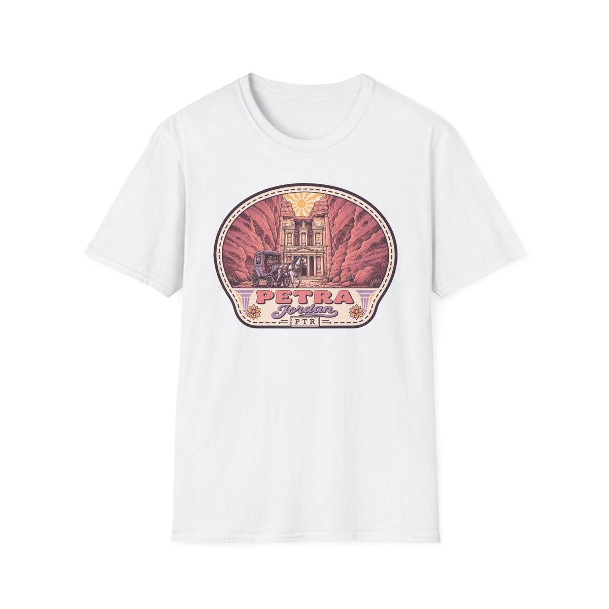 White graphic t-shirt with circular Petra tomb illustration on the front