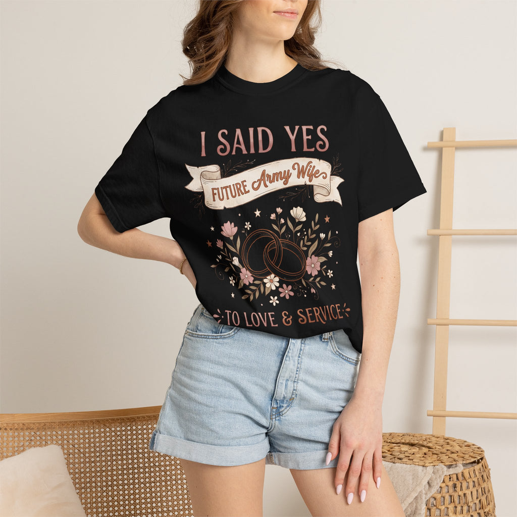 Black crewneck T-shirt on model with 'I SAID YES' and 'To Love & Service' text.