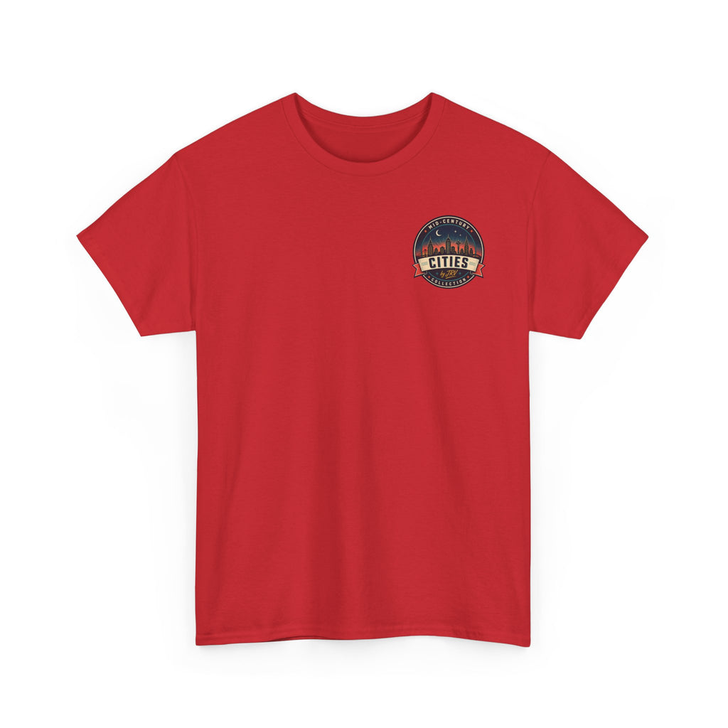Red T-shirt with small round Cities badge graphic on chest