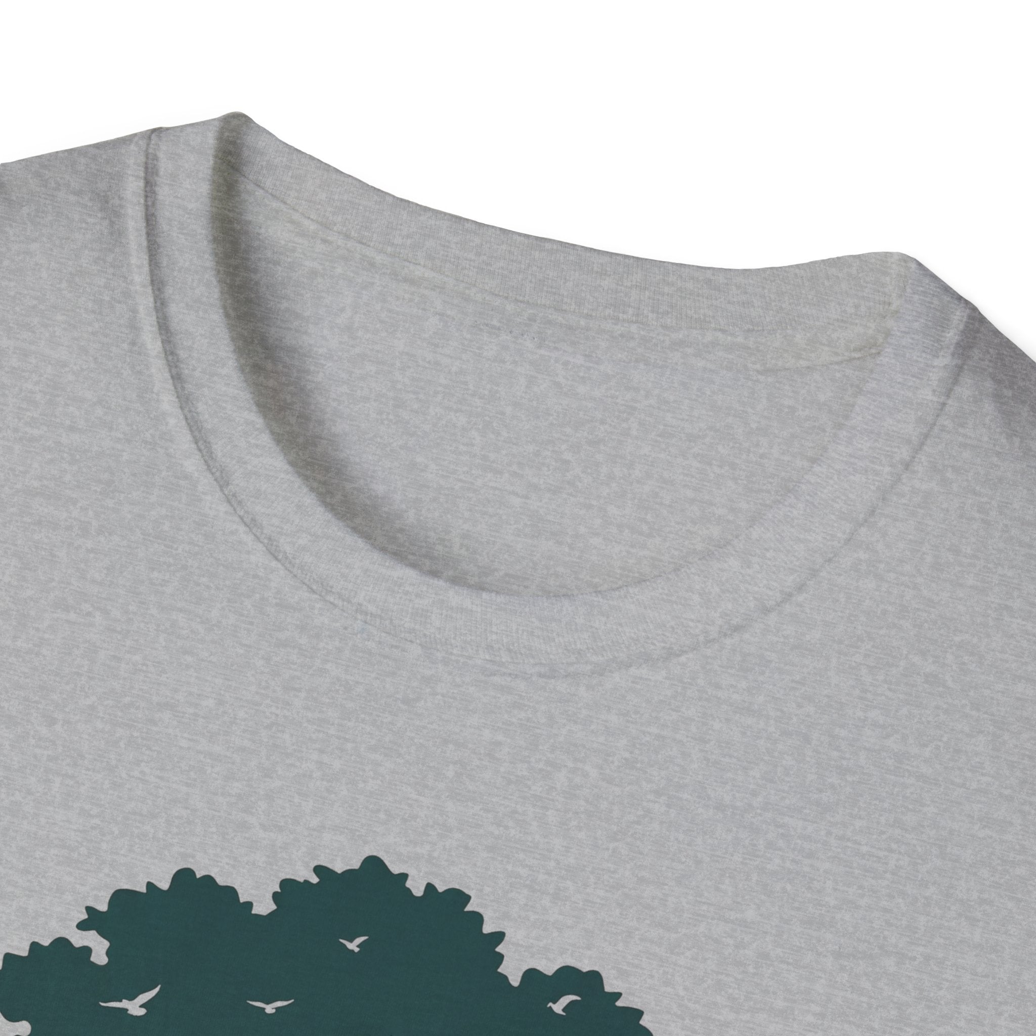 Light gray tee: neckline close-up with partial teal tree-and-birds graphic