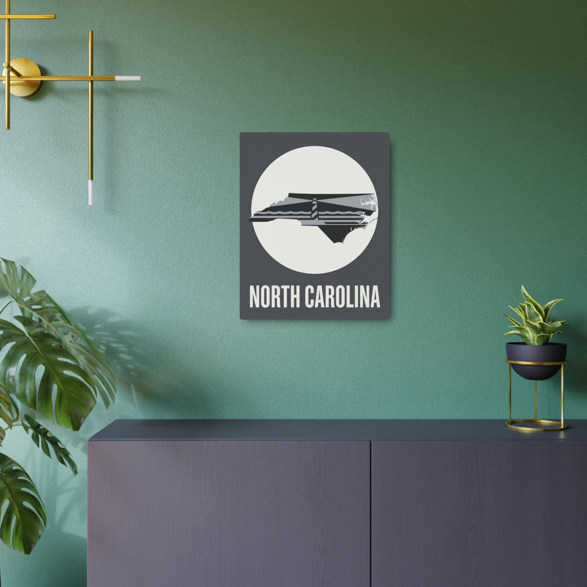Square gray metal wall sign featuring a circular lighthouse graphic and "NORTH CAROLINA" text.