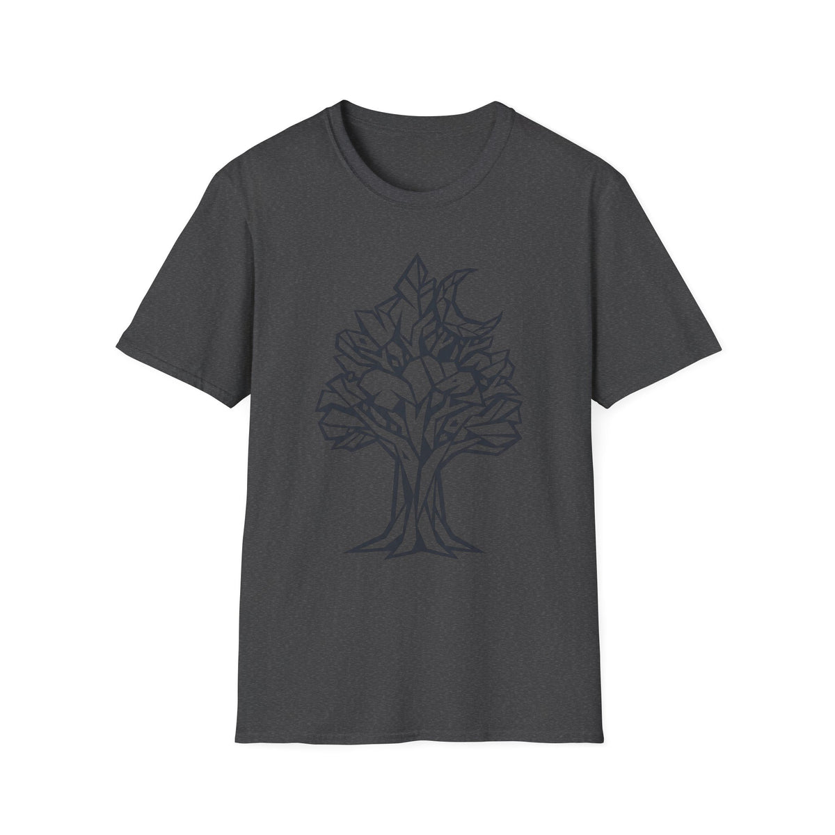Geometric tree graphic T-shirt, dark gray with centered tree silhouette print