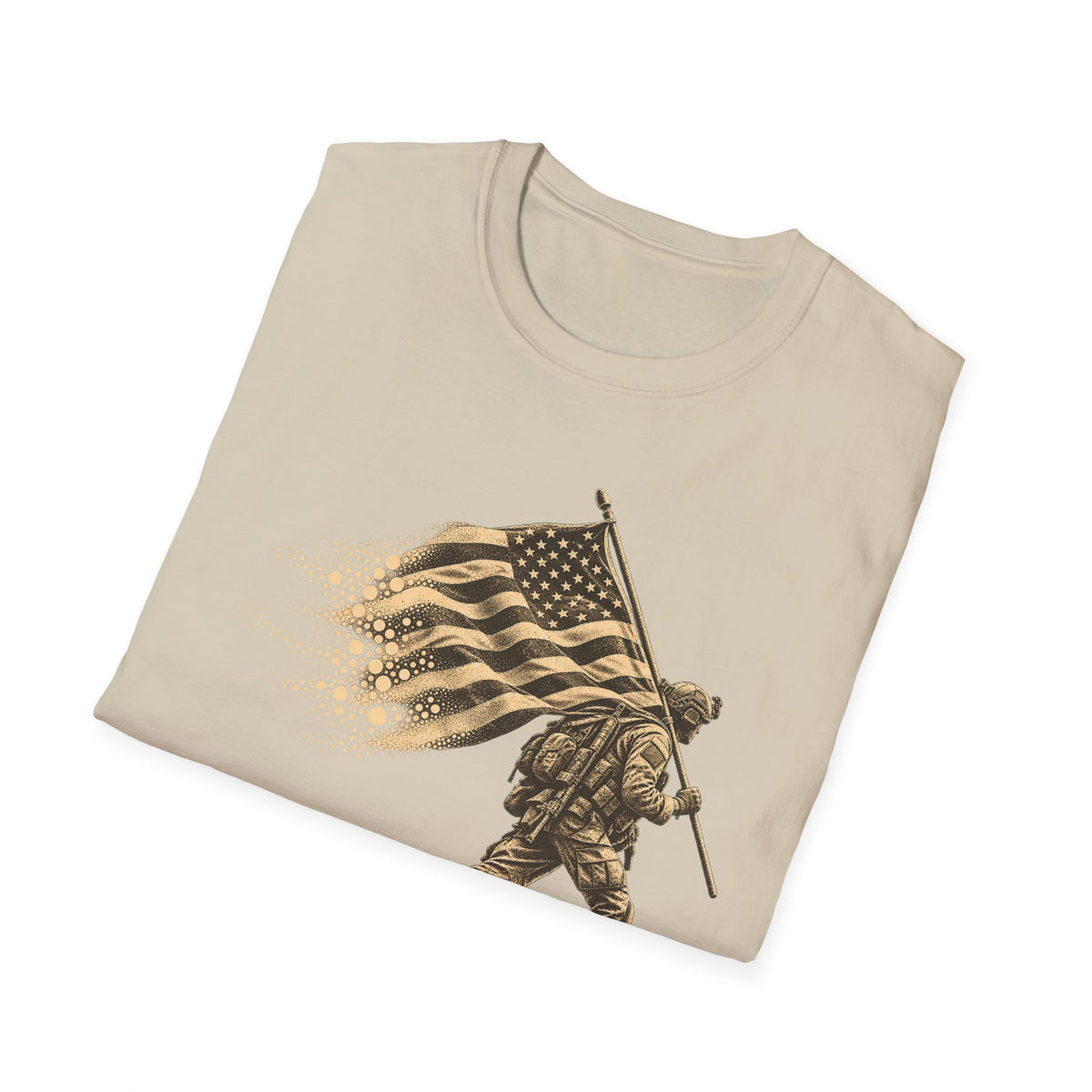Men's crewneck T-shirt in light tan with soldier holding flag graphic