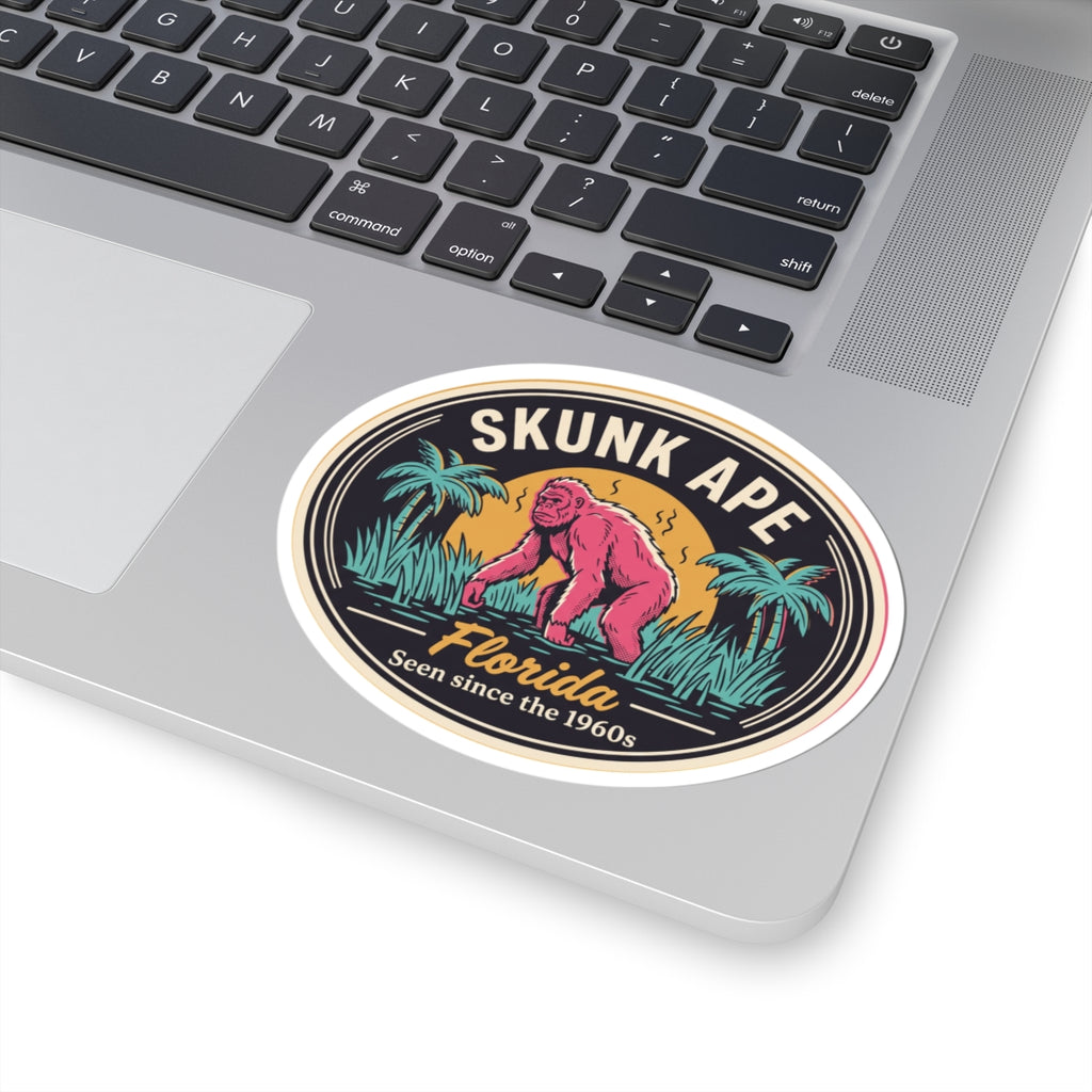 Skunk Ape Florida sticker, circular design with pink ape and “Florida” script plus “Seen since the 1960s”