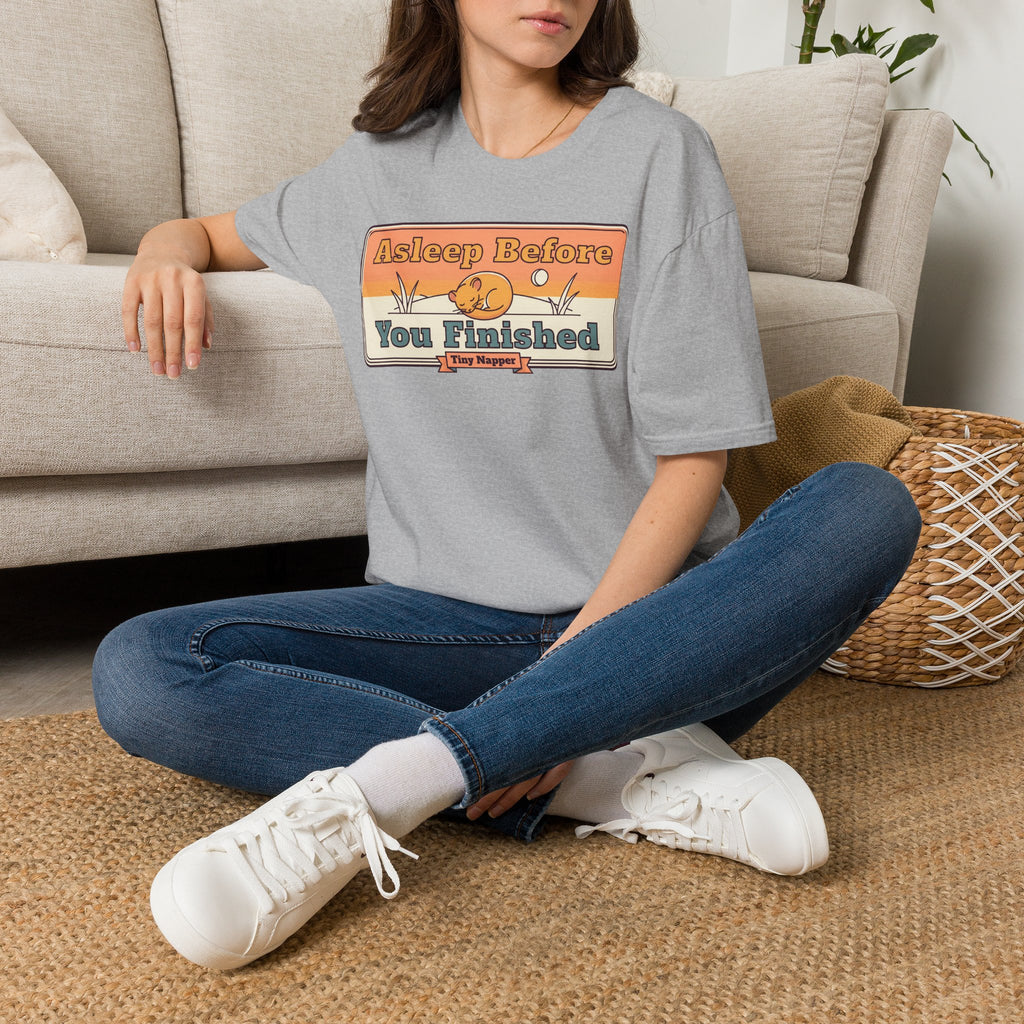 Light gray cat nap T-shirt with "Asleep Before You Finished" front graphic, crew neck