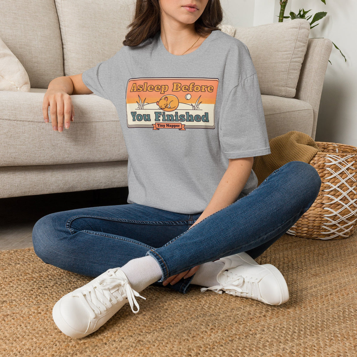 Light gray cat nap T-shirt with "Asleep Before You Finished" front graphic, crew neck