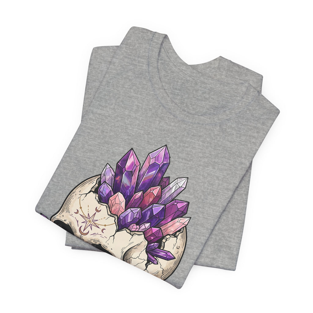 Crystal Skull T-Shirt on heather gray: skull with amethyst crystal cluster
